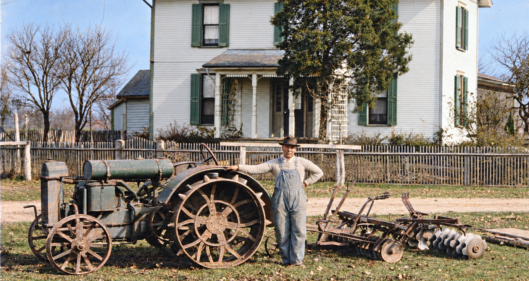 Original vintage tractor and farmhouse photo